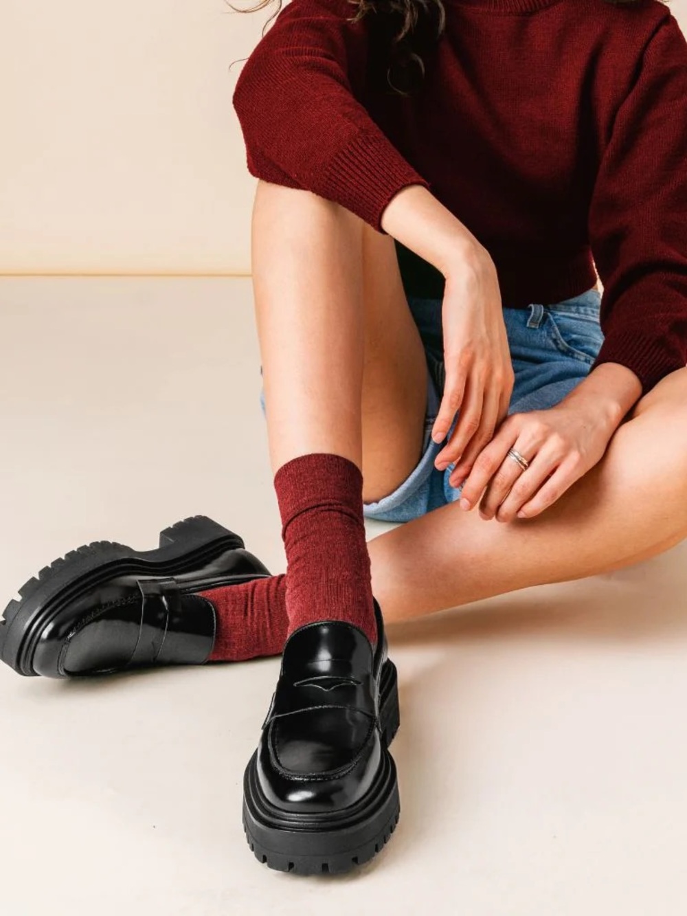 Thursday Boot Company Black Platform Penny Loafers with Burgundy Socks